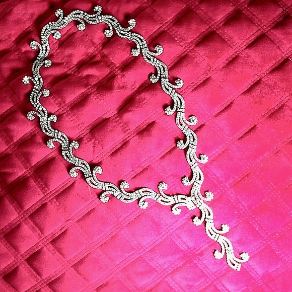 Pavé Style Rhinestone Swirl Y Necklace 20" with 4" Drop Pendant Designer Glam - Picture 1 of 3